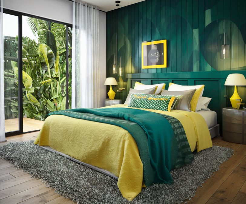 chambre à coucher vert émeraude et jaune