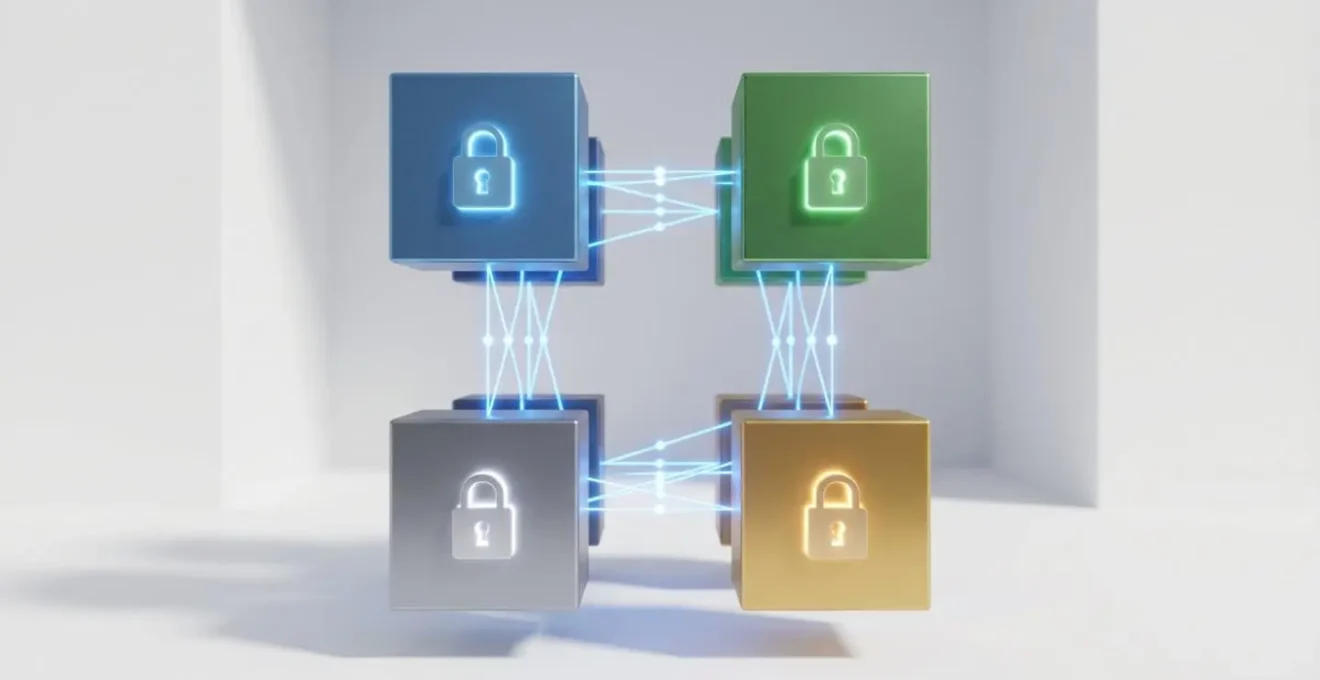 Boîtes cubiques colorées avec cadenas lumineux, représentant le chiffrement des données.