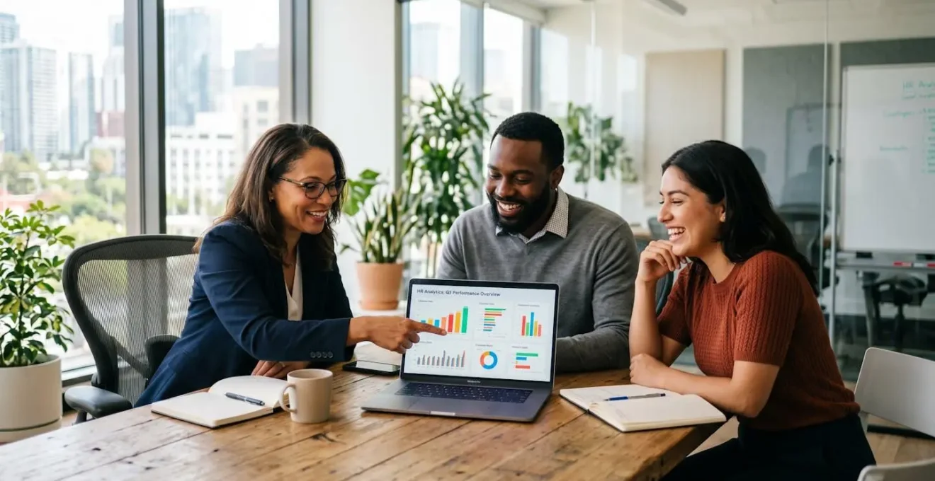 Équipe RH en réunion autour d'un tableau de bord numérique analysant les avantages salariés et les budgets sociaux