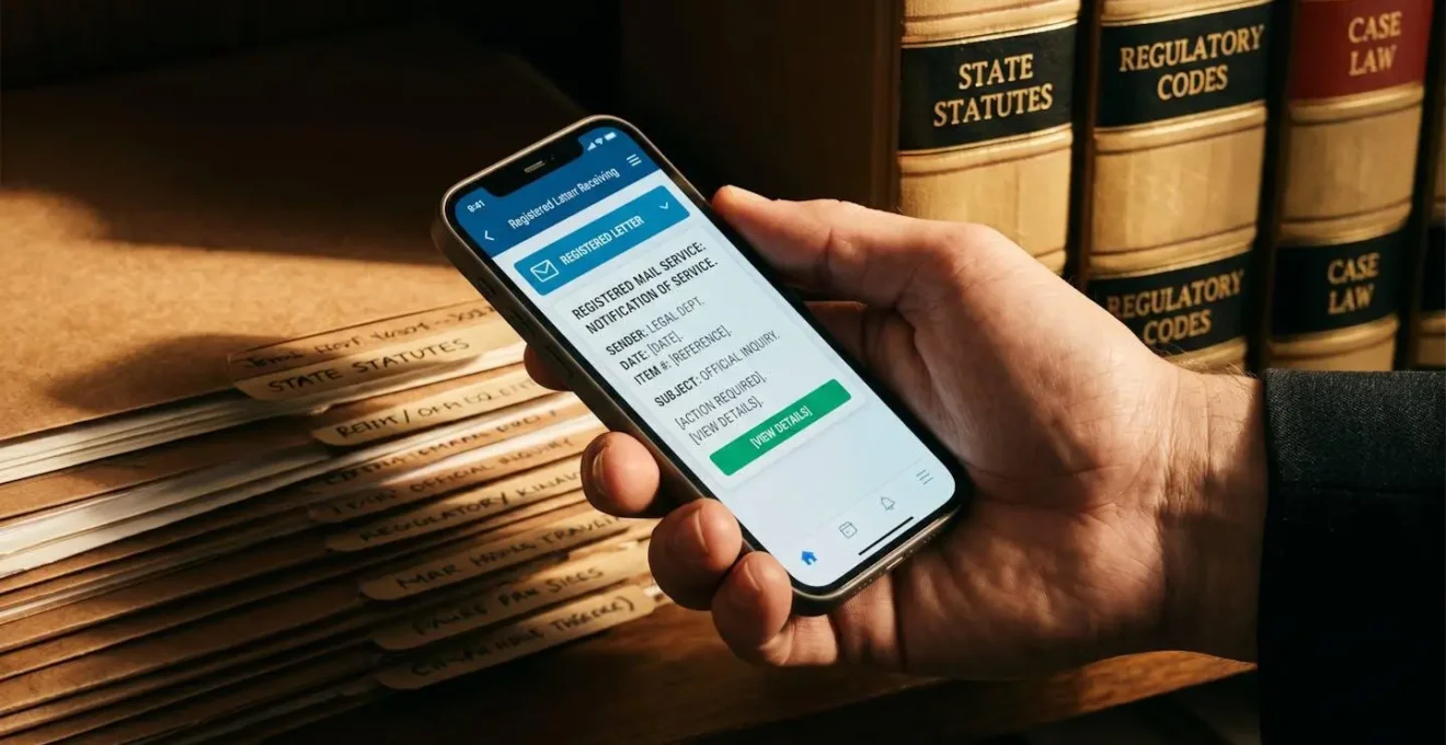 Main tenant un smartphone affichant une interface de lettre recommandée électronique, avec documents juridiques en arrière-plan.