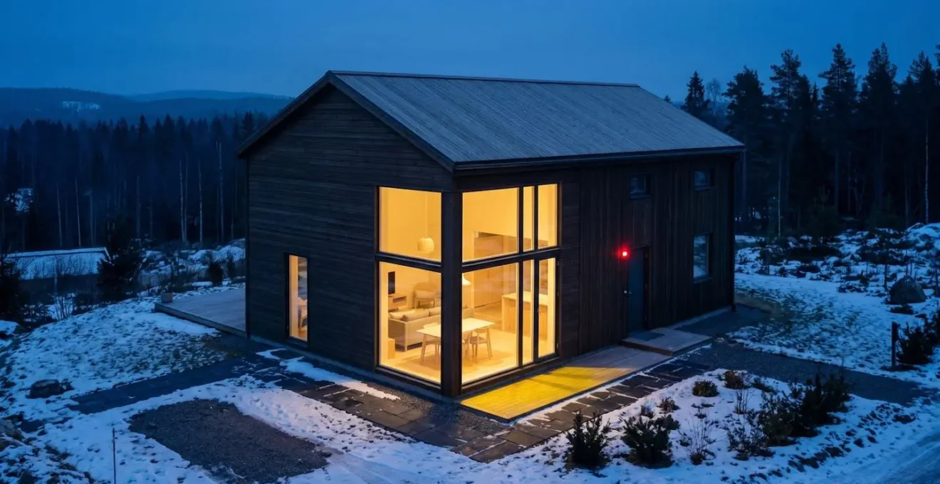 Maison individuelle éclairée au crépuscule, avec voyant LED de sécurité.
