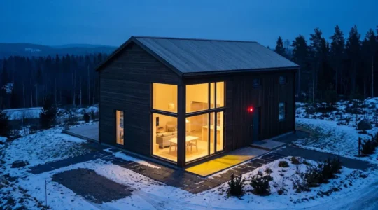Maison individuelle éclairée au crépuscule, avec voyant LED de sécurité.