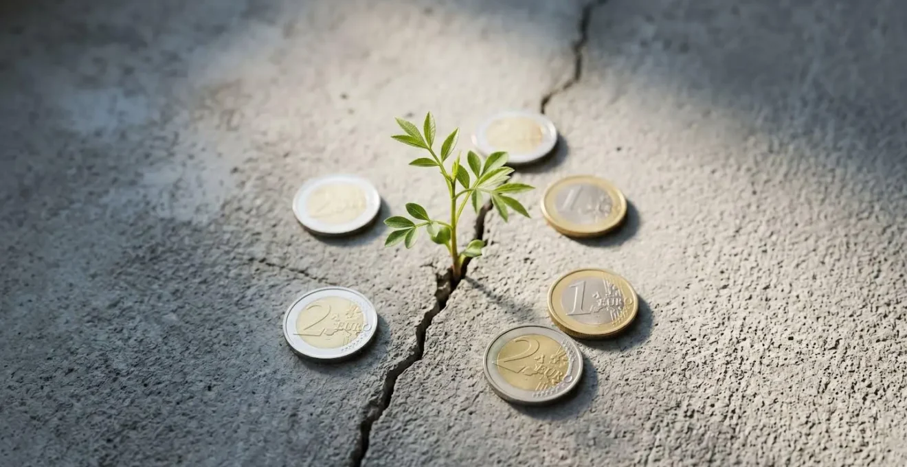 Pousse verte émergeant d'un sol en béton avec des pièces de monnaie, symbole de croissance durable et rentable.