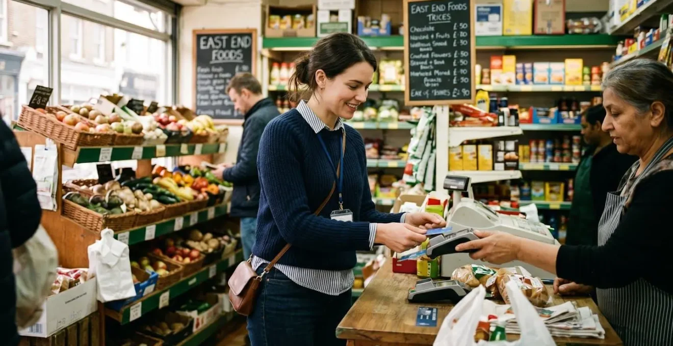 Collaborateur utilisant sa carte d'avantages salariés pour régler un achat dans un commerce de proximité