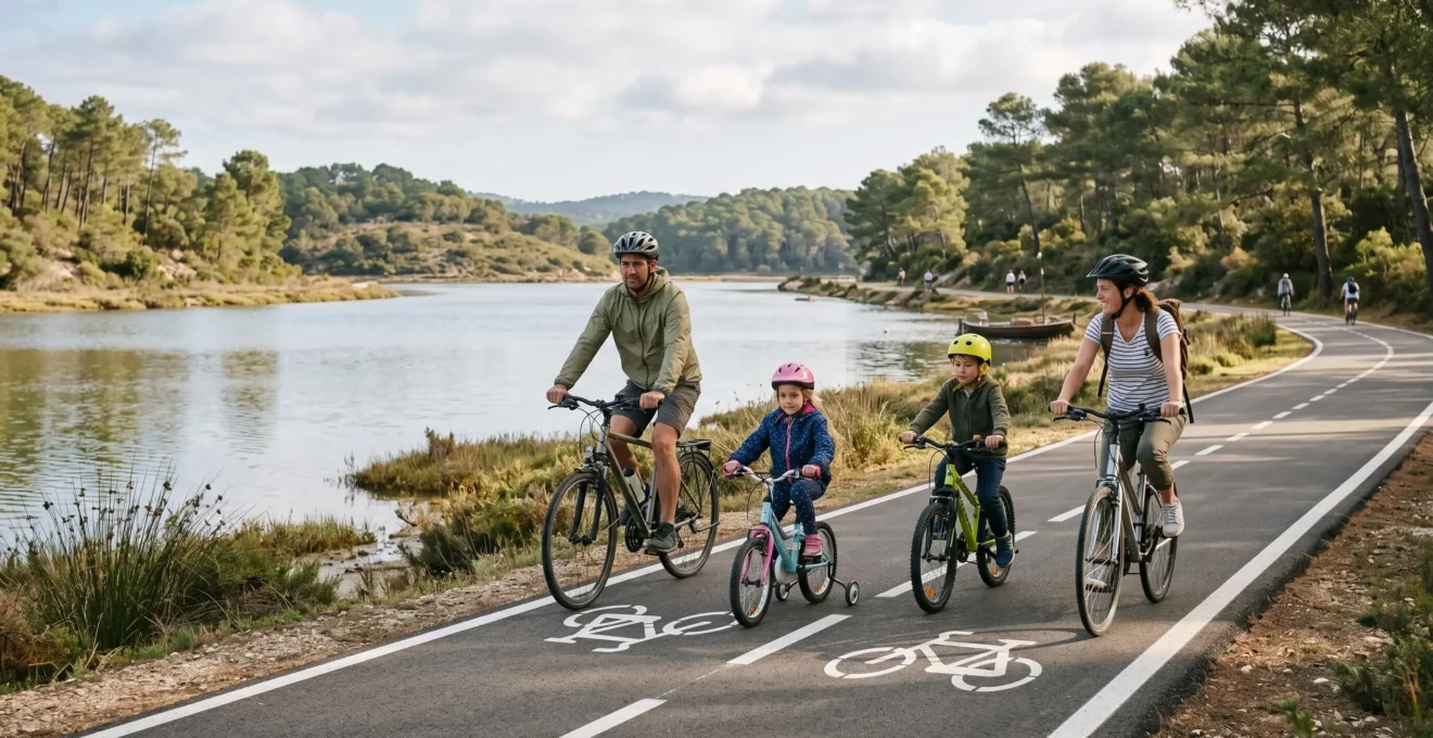 Famille à vélo sur une piste cyclable longeant le Bassin d'Arcachon à Andernos-les-Bains