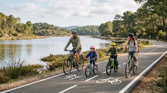 Famille à vélo sur une piste cyclable longeant le Bassin d'Arcachon à Andernos-les-Bains