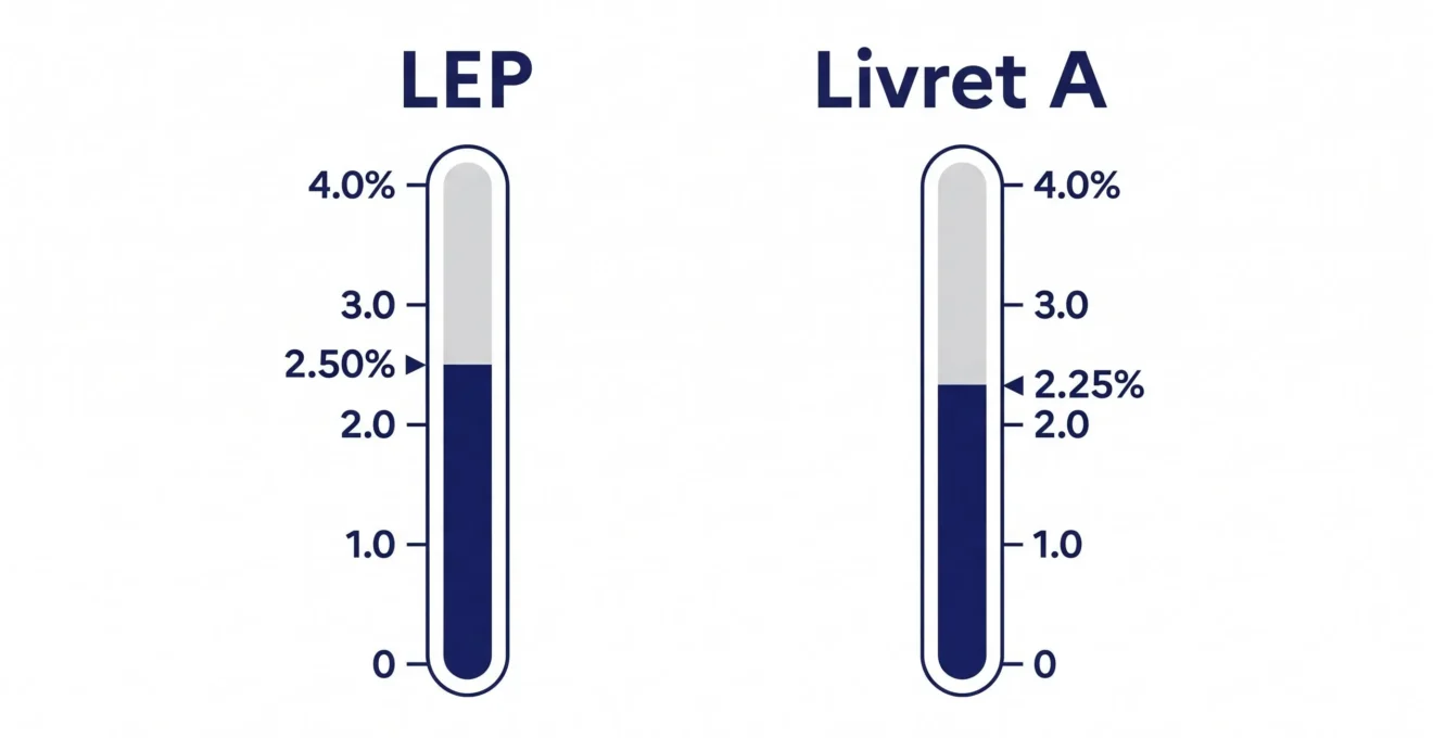 Illustration minimaliste de deux jauges de niveau côte à côte montrant 2,50 % pour le LEP au-dessus de 2,25 % pour le Livret A, ambiance épurée et institutionnelle