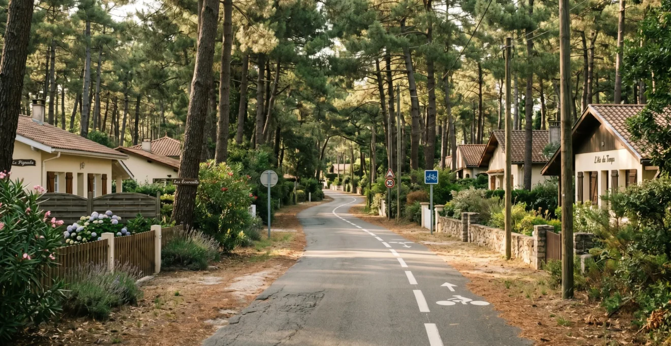 Piste cyclable balisée traversant une zone résidentielle boisée à Andernos-les-Bains