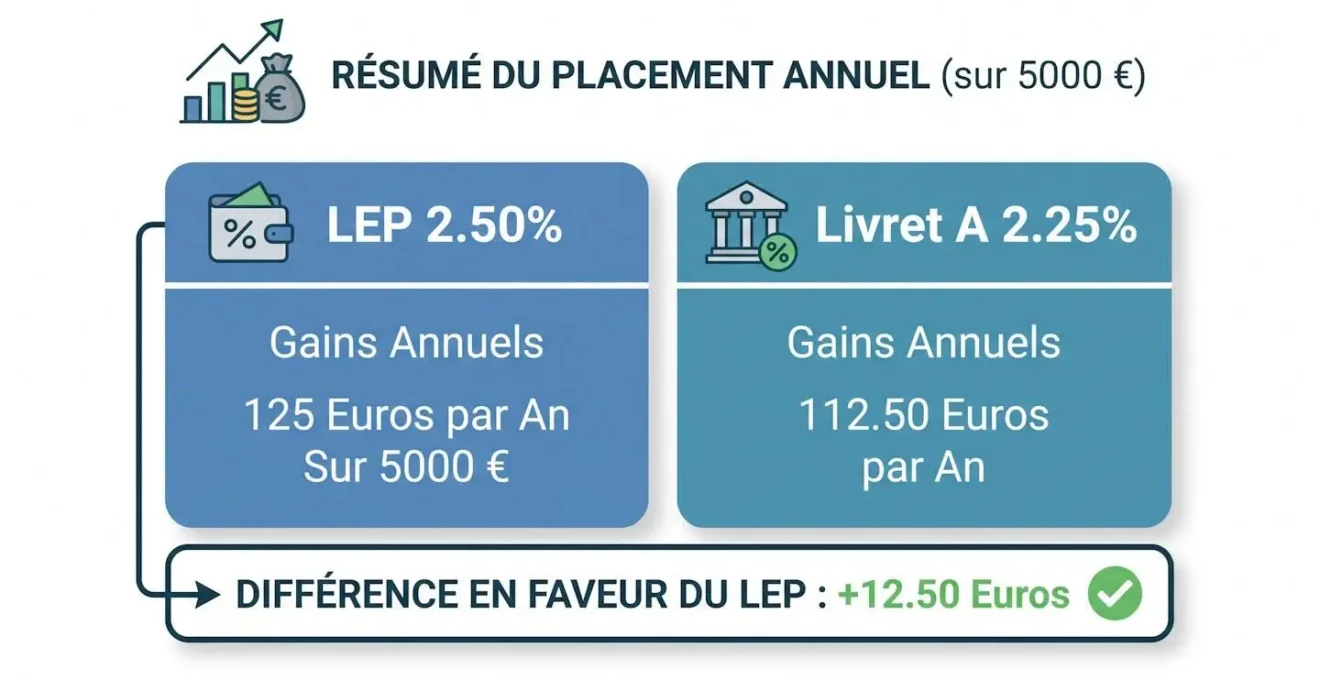 Mini-tableau visuel comparant les gains annuels nets sur 5000 euros entre le LEP à 2,50 % et le Livret A à 2,25 %, avec l'avantage LEP mis en évidence