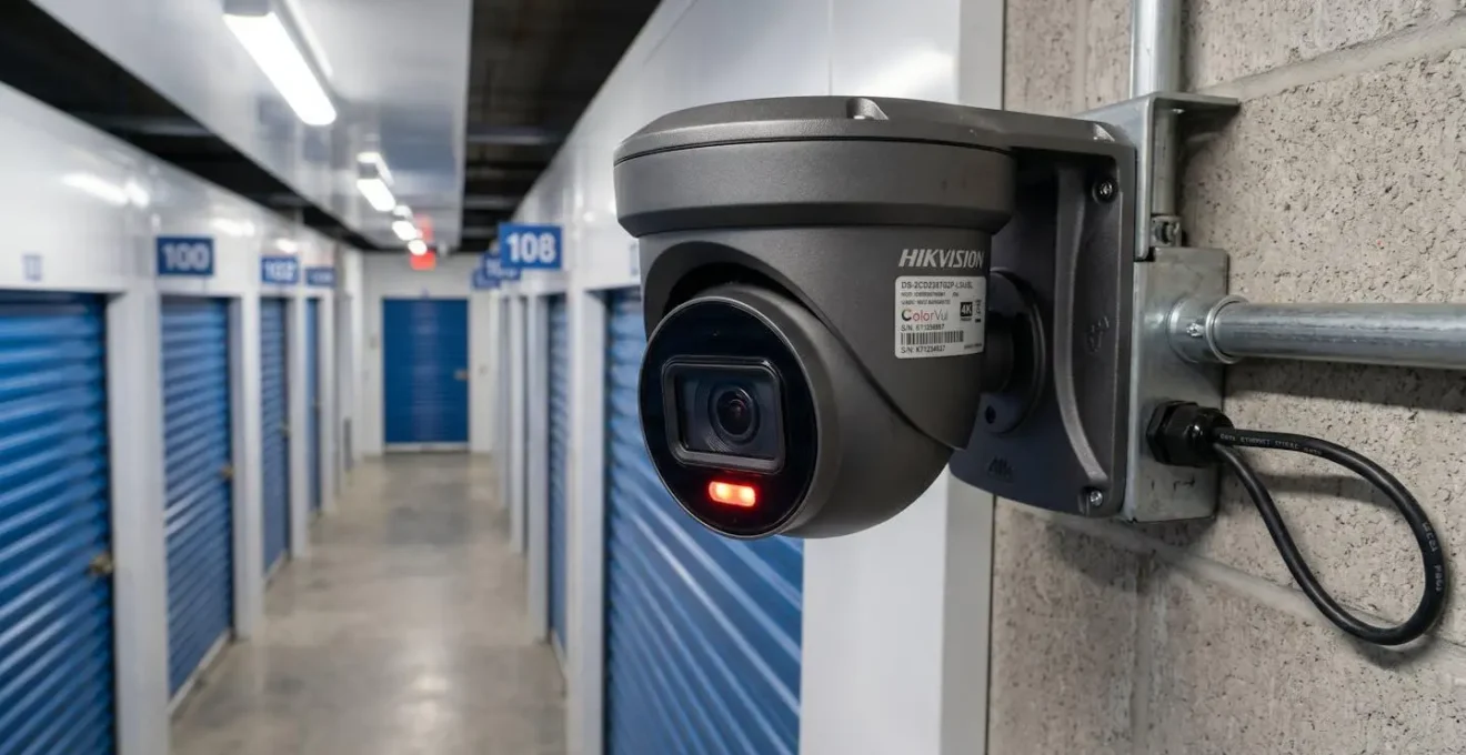 Caméra de surveillance IP professionnelle avec voyant d'enregistrement actif installée dans un couloir de stockage