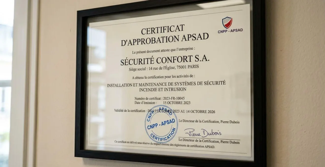 Certificat de sécurité APSAD officiel avec tampon, signature et dates de validité clairement visibles