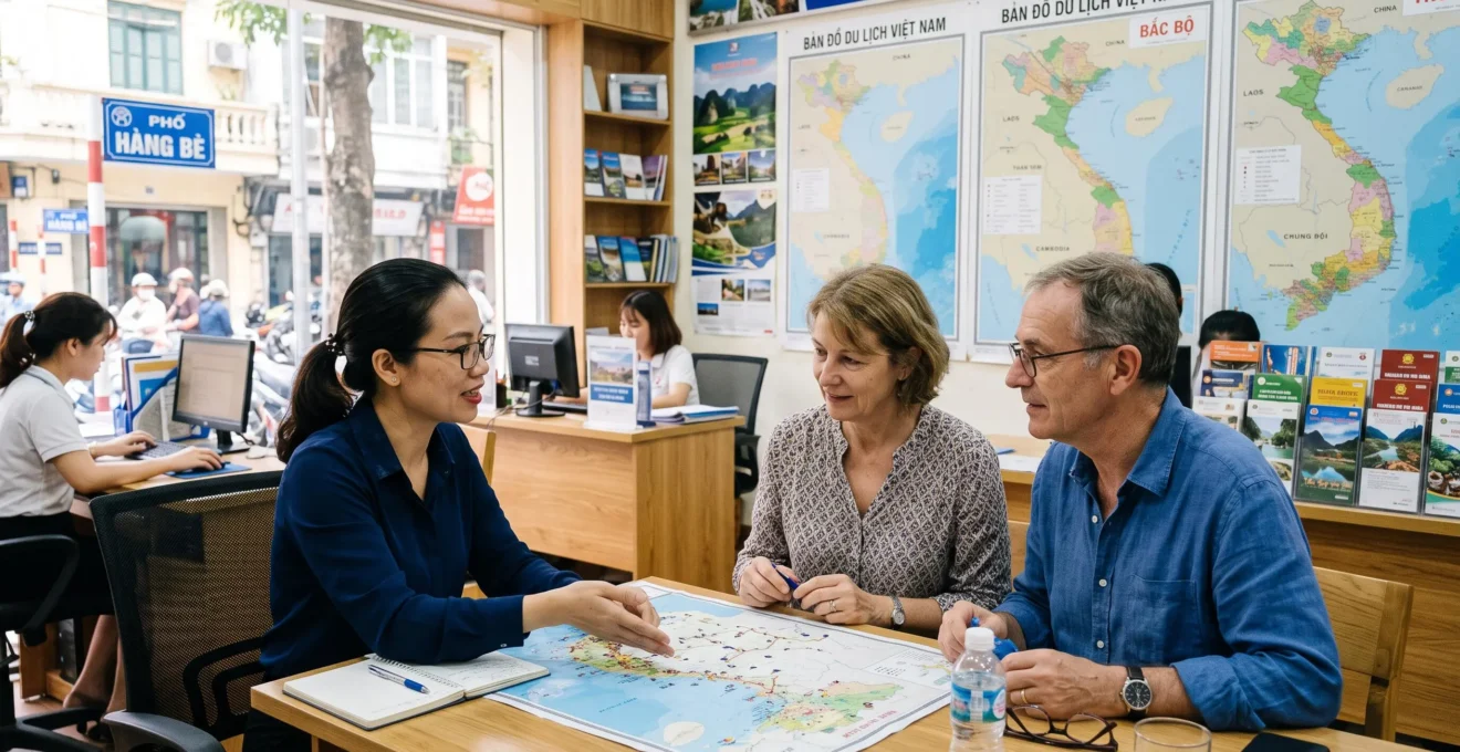 Guide local vietnamien présentant une carte des régions du Vietnam à des voyageurs français dans un bureau d'agence à Hanoï