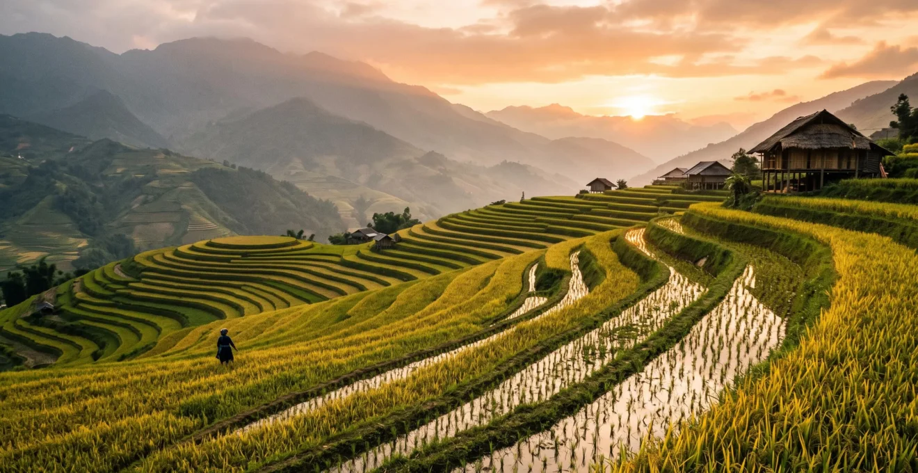 Rizières en terrasses de Sapa au Vietnam au coucher du soleil avec maisons traditionnelles Hmong et montagnes brumeuses