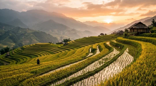 Rizières en terrasses de Sapa au Vietnam au coucher du soleil avec maisons traditionnelles Hmong et montagnes brumeuses