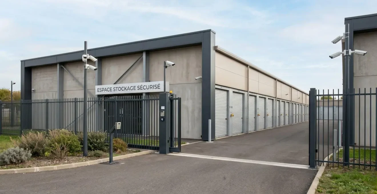 Site de self-stockage moderne avec allées éclairées, caméras de surveillance et système de contrôle d'accès sécurisé