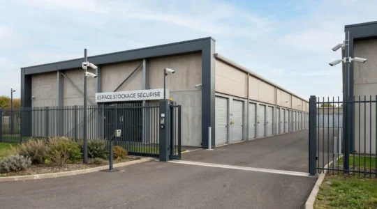 Site de self-stockage moderne avec allées éclairées, caméras de surveillance et système de contrôle d'accès sécurisé