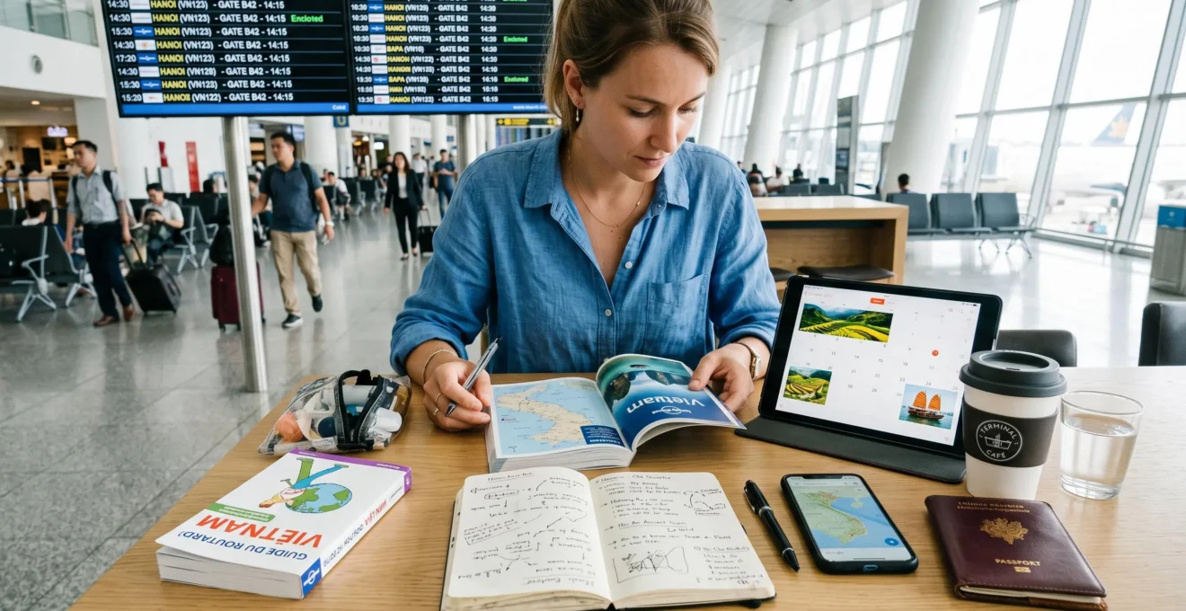 Voyageuse planifiant son circuit Vietnam avec guides, carnet et tablette sur une table de café d'aéroport