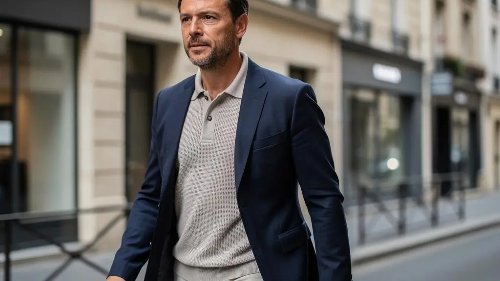 Homme portant un polo en maille beige et un blazer non structuré bleu marine dans une rue parisienne moderne