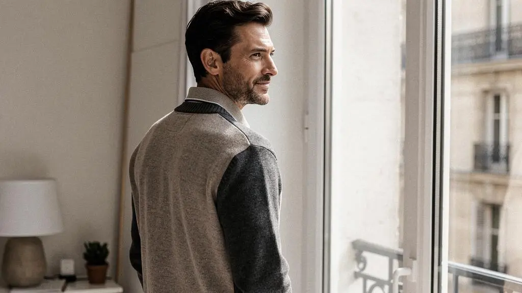 Homme portant un polo en maille gris et un cardigan en laine anthracite près d'une fenêtre dans un intérieur moderne