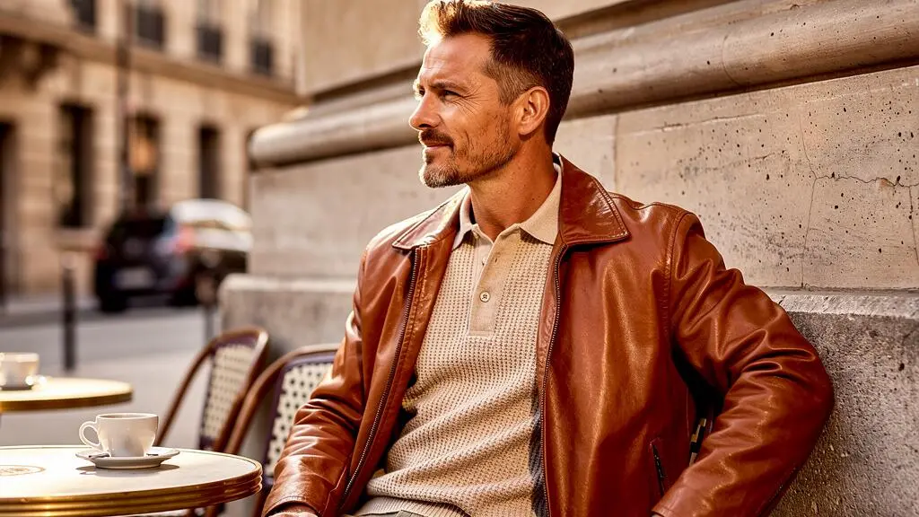 Homme assis portant un polo en maille clair et une veste en cuir cognac à une terrasse de café parisien